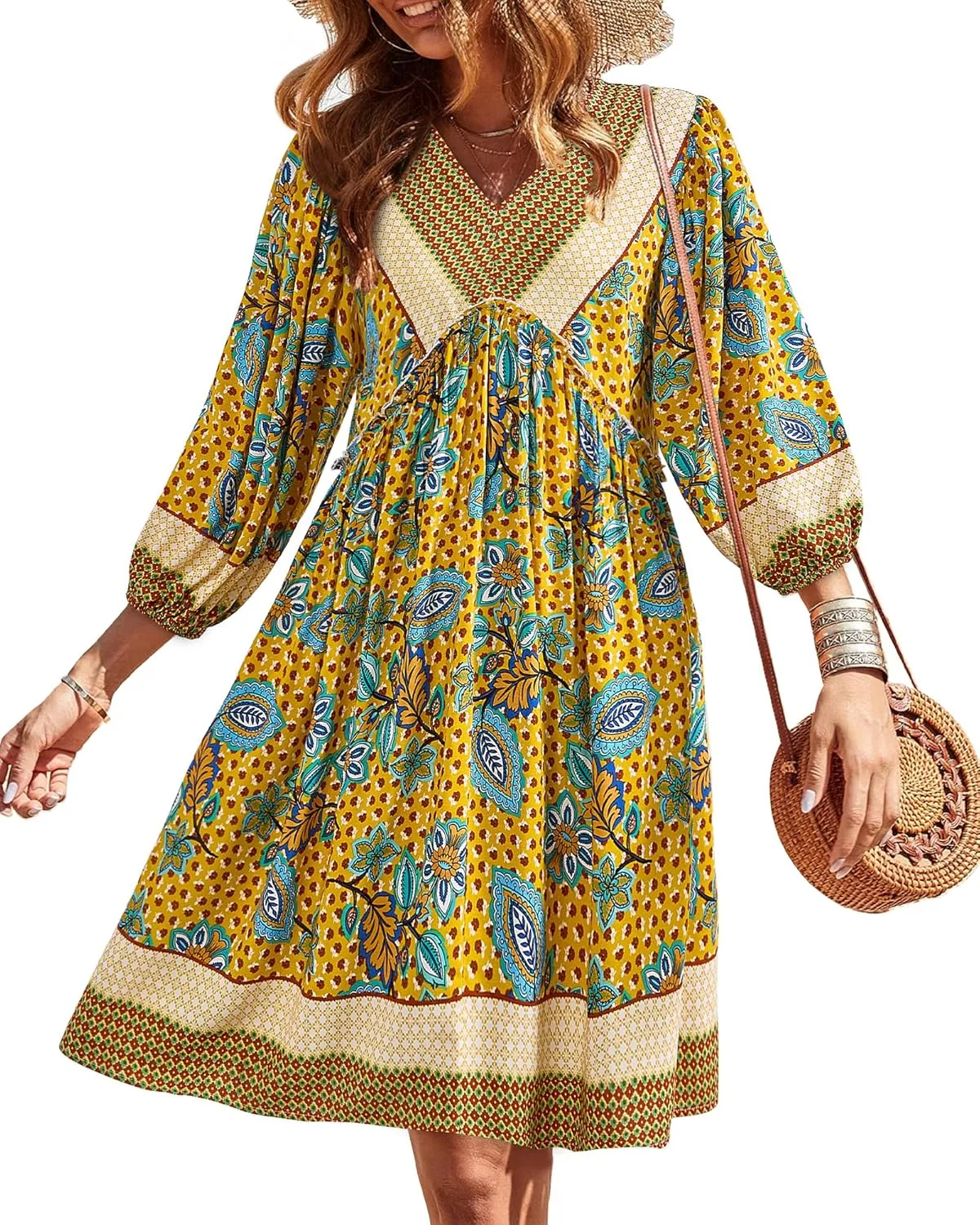 BTFBM Women Casual Spring Summer Dresses V Neck 3/4 Long Sleeve Ruffle Floral Flowy Boho Babydoll Mini Short Beach Dress