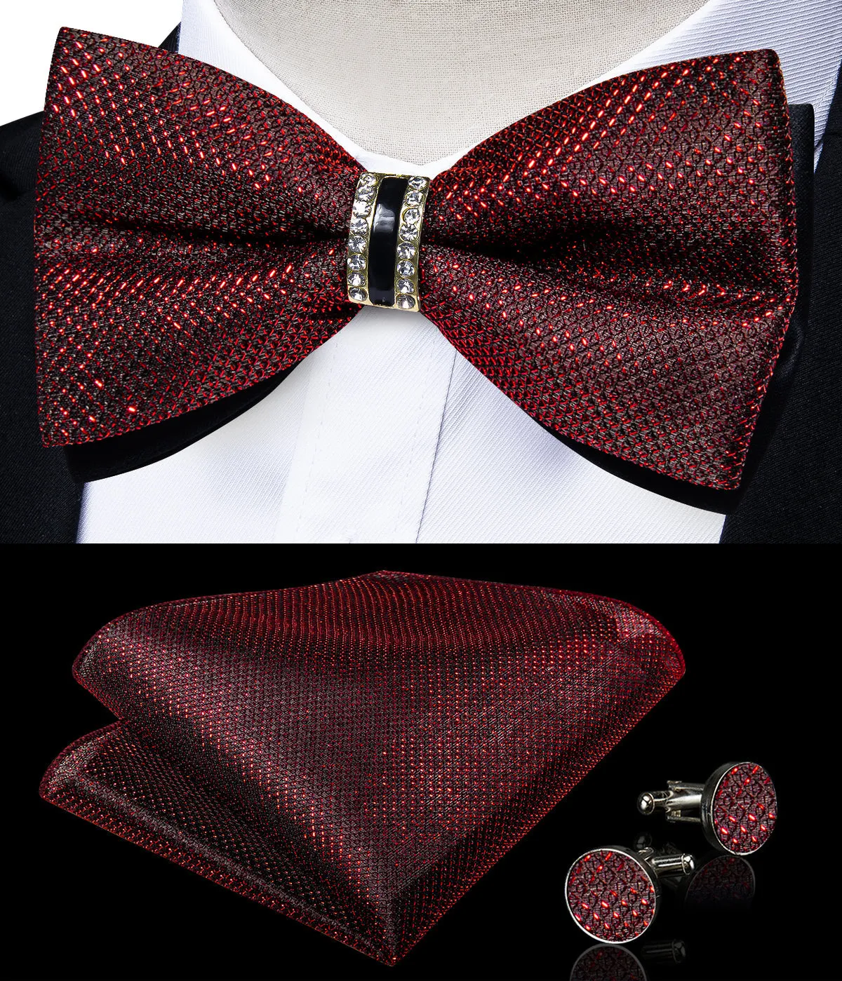 Burgundy Red Shiny Vest Set with Matching Bow Tie, Hanky, and Cufflinks