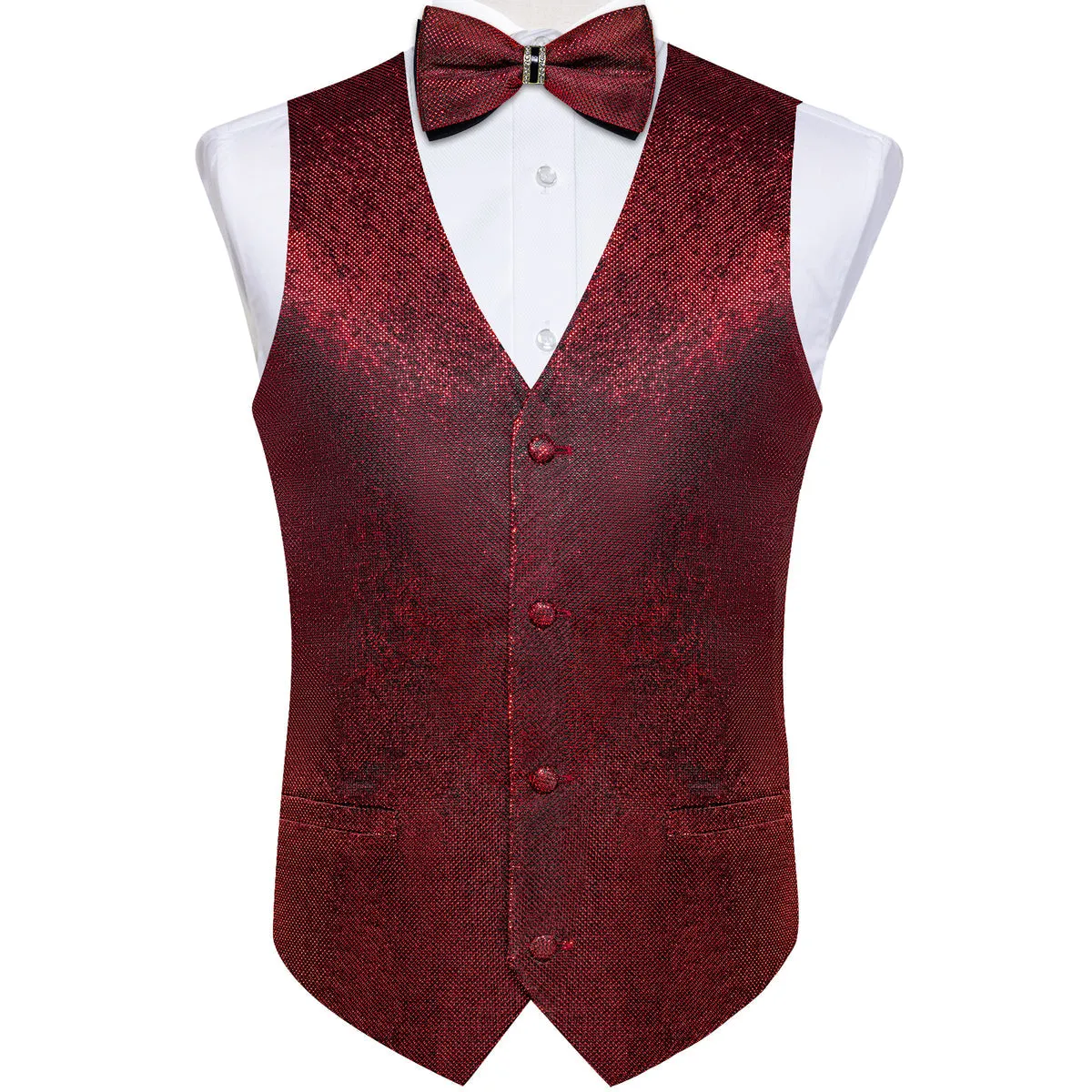 Burgundy Red Shiny Vest Set with Matching Bow Tie, Hanky, and Cufflinks