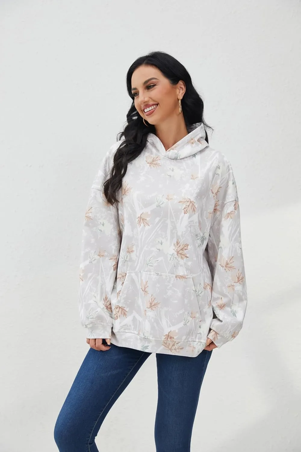 Camo Hoodie for Men Women Oversized Fleece Maple Leaf Hooded Sweatshirt Graphic Print Pullover Hoodies with Pocket