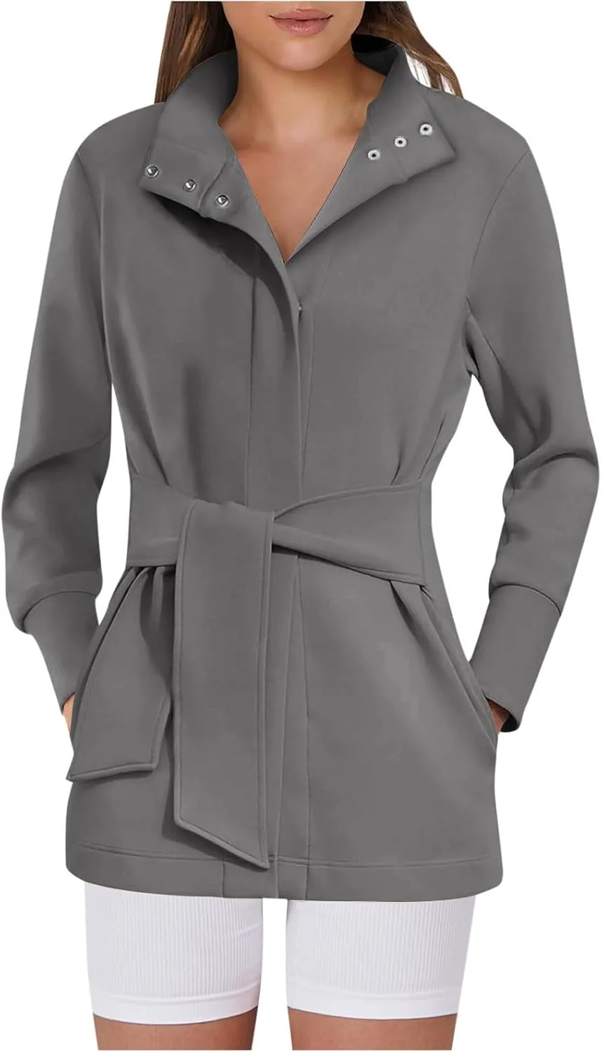 Casual Jackets for Women Long Sleeve Belted Cropped Jacket 2024 Fall Trendy Wrap Trench Coat Snap Button Outerwear