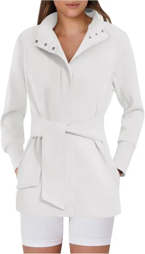 Casual Jackets for Women Long Sleeve Belted Cropped Jacket 2024 Fall Trendy Wrap Trench Coat Snap Button Outerwear