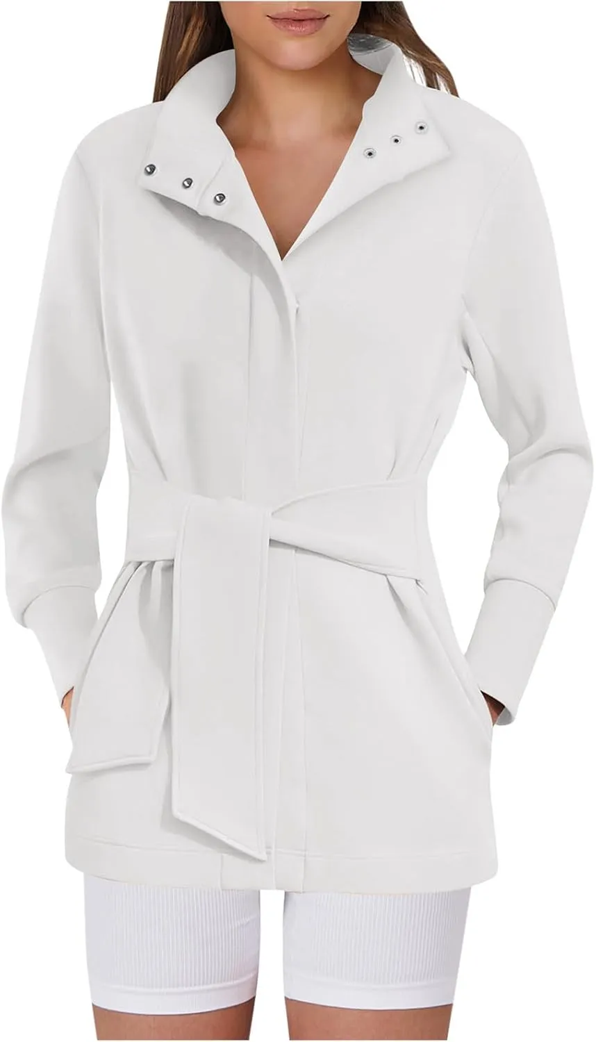 Casual Jackets for Women Long Sleeve Belted Cropped Jacket 2024 Fall Trendy Wrap Trench Coat Snap Button Outerwear