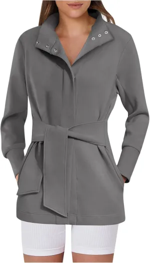 Casual Jackets for Women Long Sleeve Belted Cropped Jacket 2024 Fall Trendy Wrap Trench Coat Snap Button Outerwear