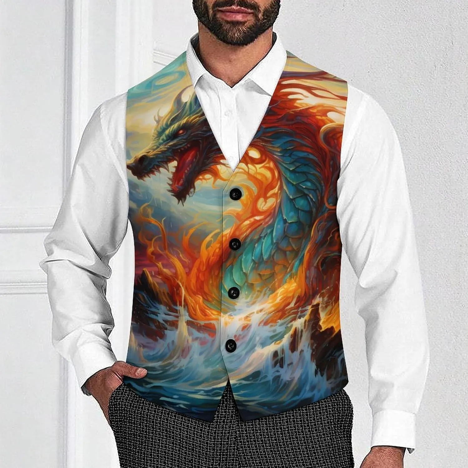 China Dragon Mens Suit Vest Slim Fit Button Up V Neck Business Waistcoat Sleeveless Dressy Top