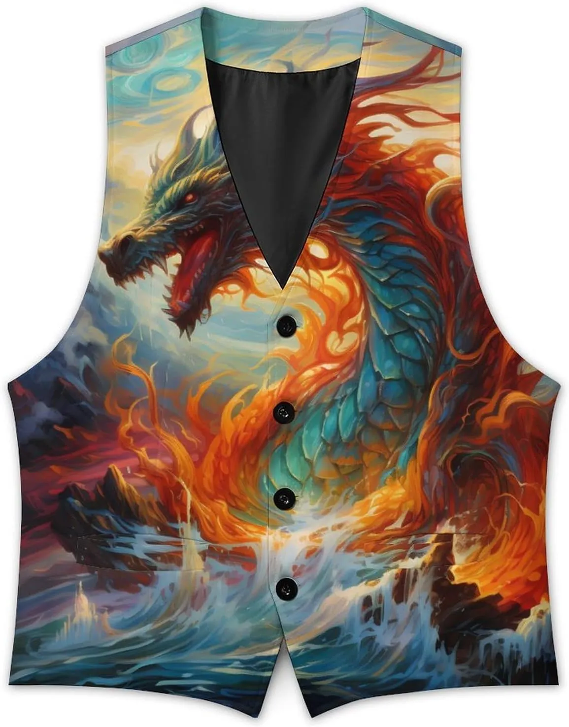 China Dragon Mens Suit Vest Slim Fit Button Up V Neck Business Waistcoat Sleeveless Dressy Top
