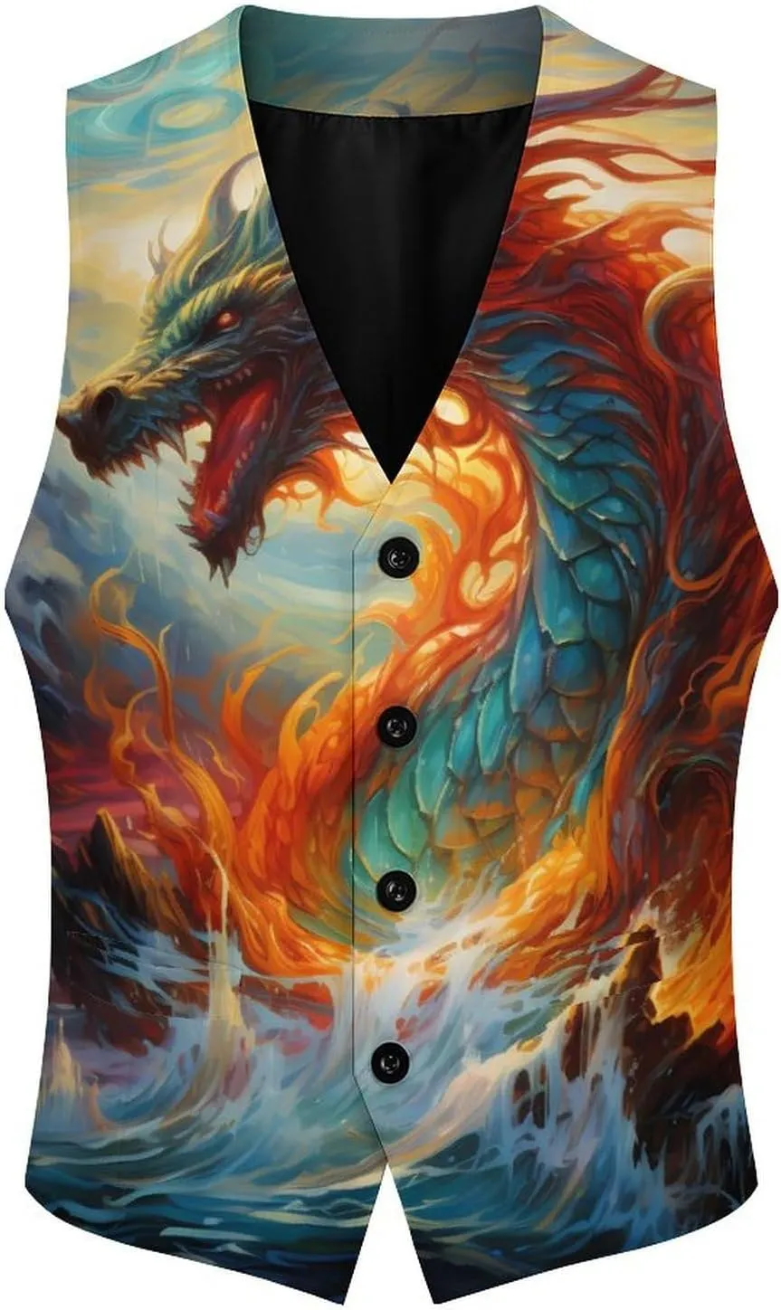 China Dragon Mens Suit Vest Slim Fit Button Up V Neck Business Waistcoat Sleeveless Dressy Top