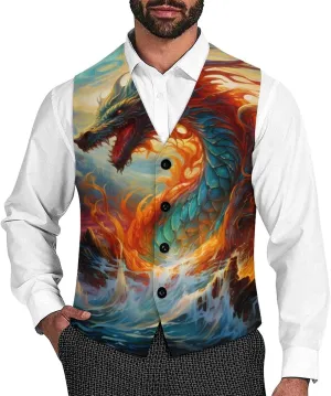 China Dragon Mens Suit Vest Slim Fit Button Up V Neck Business Waistcoat Sleeveless Dressy Top