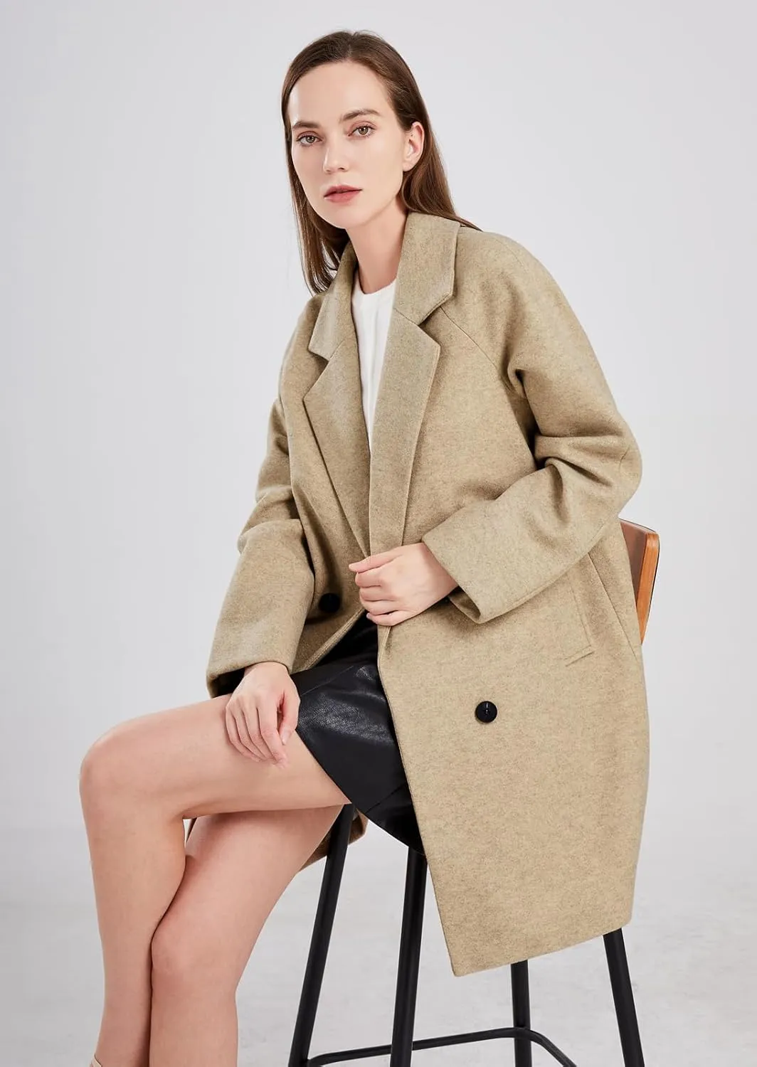 chouyatou Women's Casual Notch Lapel Double Breasted Warm Pea Coat Overcoat