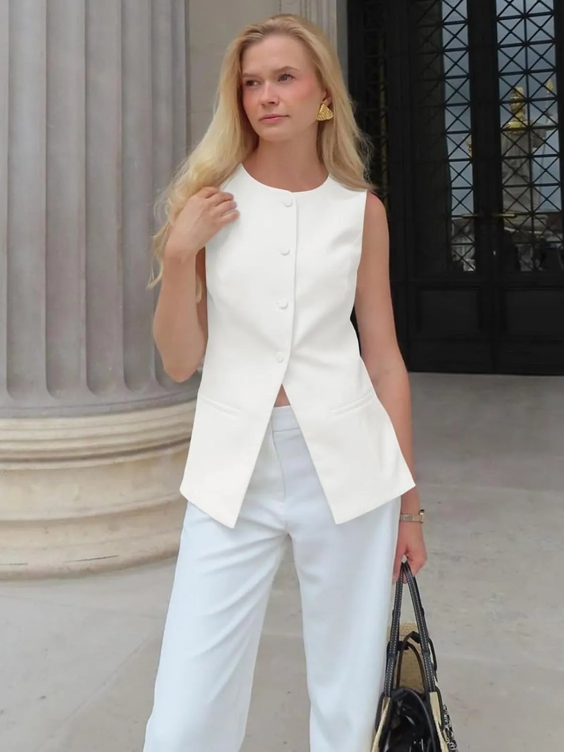 Cicy Bell Womens Round Neck Waistcoat Vest Summer Button up Vest Tops Casual Business Fitted Sleeveless Blazer
