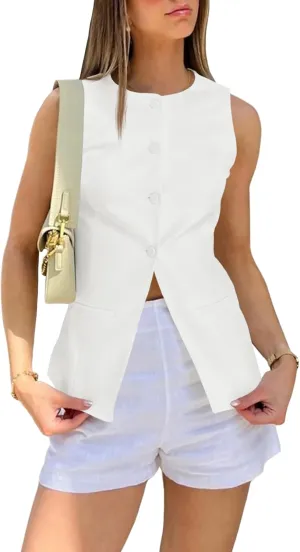 Cicy Bell Womens Round Neck Waistcoat Vest Summer Button up Vest Tops Casual Business Fitted Sleeveless Blazer