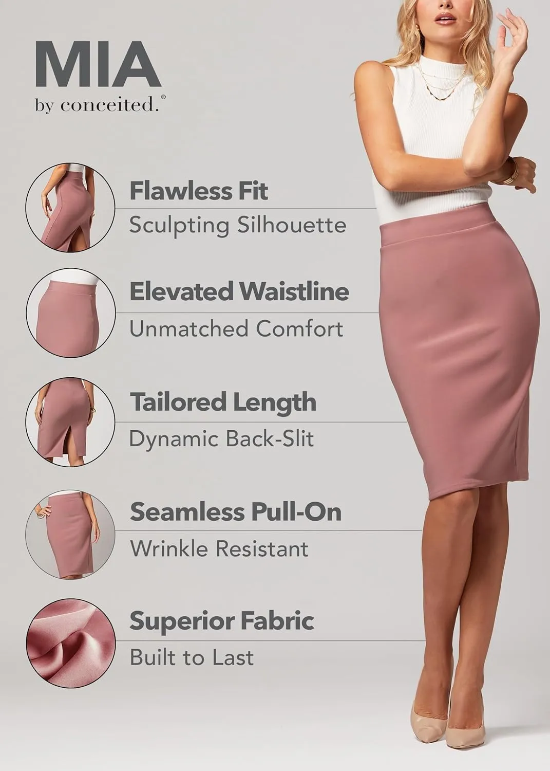 Conceited Skirts for Women - Stretch Pencil Skirt - Wear to Work - Pull On - Midi Length in Regular and Plus Size