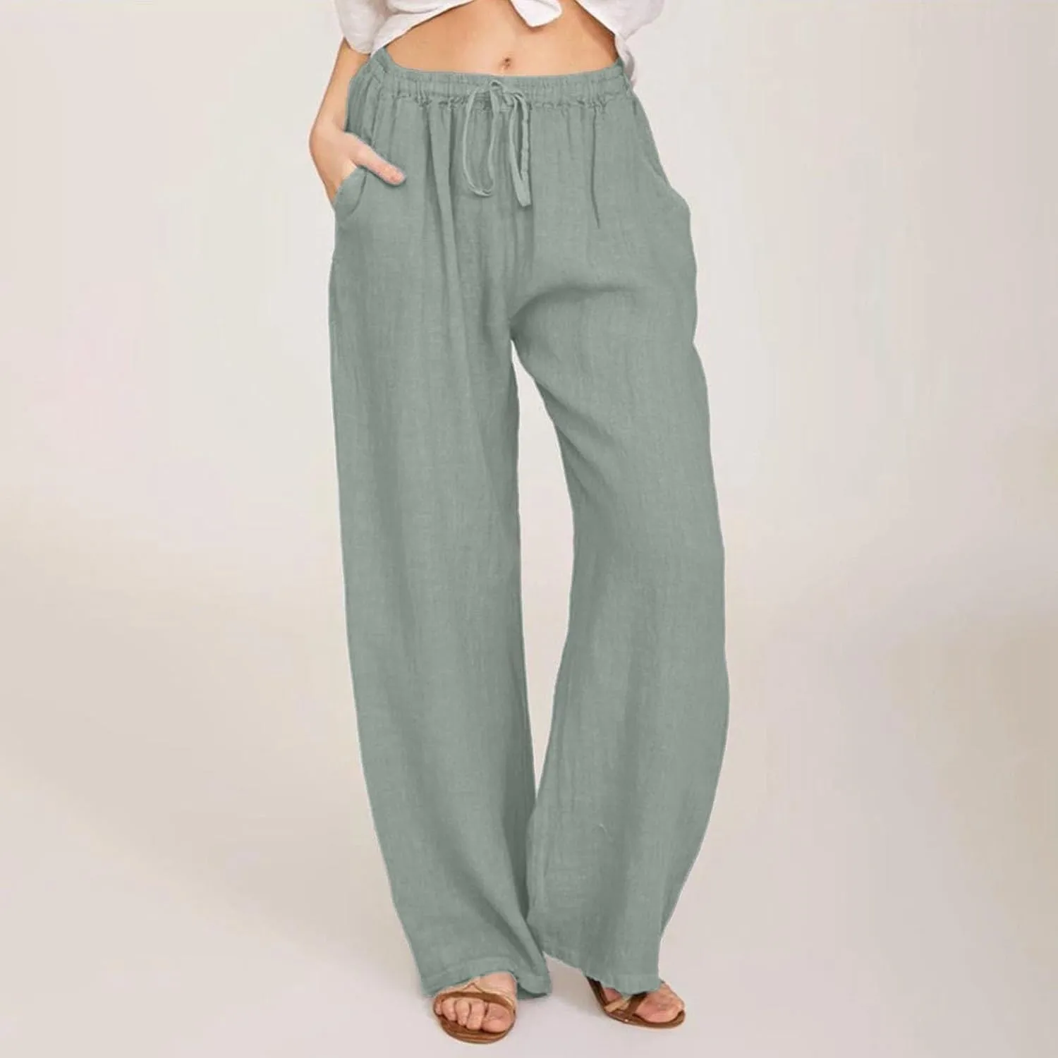 Cotton Linen Pants Women 2025 Summer Casual Loose Wide Leg Pants Drawstring High Waisted Palzzo Pants Beach Trousers