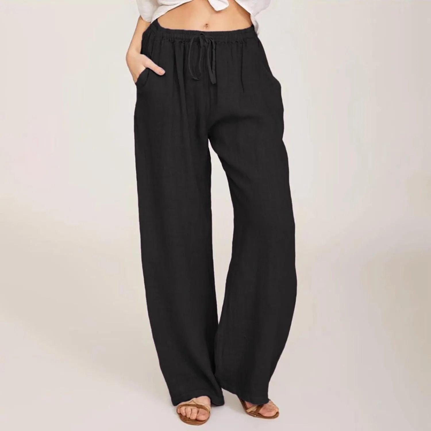Cotton Linen Pants Women 2025 Summer Casual Loose Wide Leg Pants Drawstring High Waisted Palzzo Pants Beach Trousers