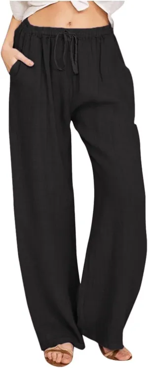 Cotton Linen Pants Women 2025 Summer Casual Loose Wide Leg Pants Drawstring High Waisted Palzzo Pants Beach Trousers