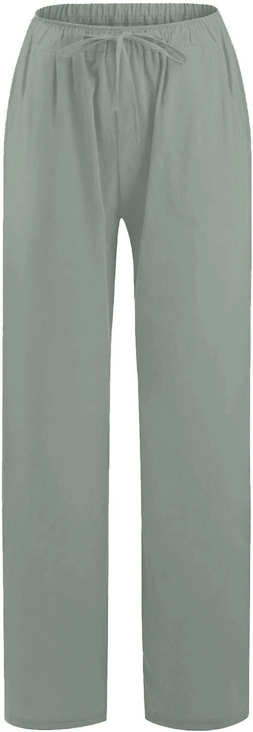 Cotton Linen Pants Women 2025 Summer Casual Loose Wide Leg Pants Drawstring High Waisted Palzzo Pants Beach Trousers