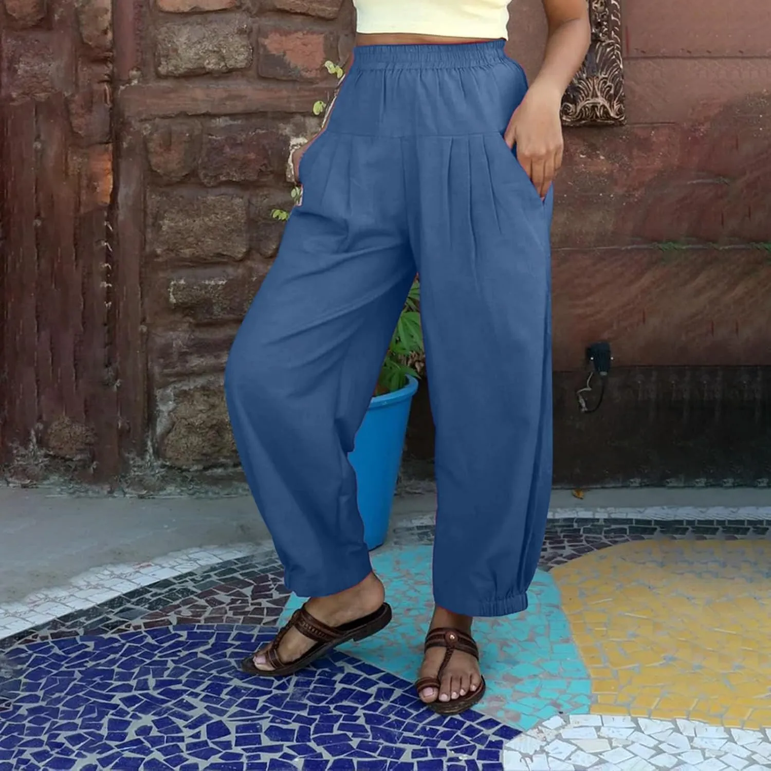 Cotton Linen Pants Women Wide Leg Stretch High Waisted Pleated Loose Casual Summer Trousers with Pockets