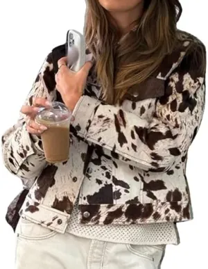 Cow Print Jean Jacket Women Cropped Faux Leather Jackets Y2k Vintage 90s Cowgirl Outfit Fall 2025 Trendy
