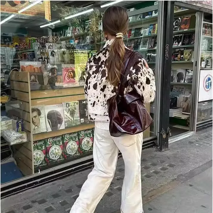 Cow Print Jean Jacket Women Cropped Faux Leather Jackets Y2k Vintage 90s Cowgirl Outfit Fall 2025 Trendy