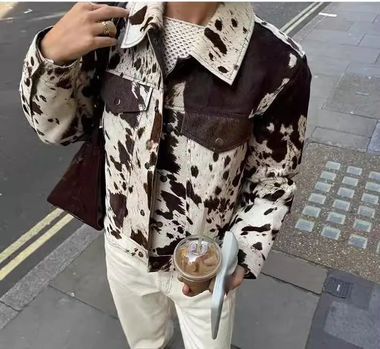 Cow Print Jean Jacket Women Cropped Faux Leather Jackets Y2k Vintage 90s Cowgirl Outfit Fall 2025 Trendy