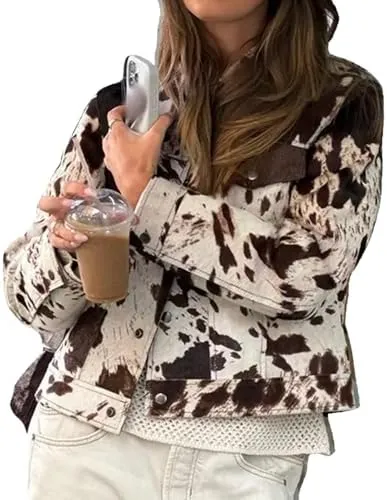Cow Print Jean Jacket Women Cropped Faux Leather Jackets Y2k Vintage 90s Cowgirl Outfit Fall 2025 Trendy