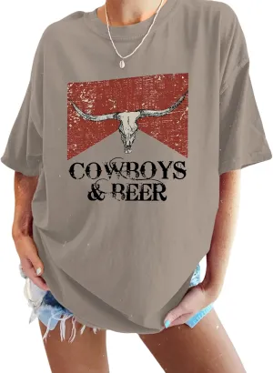 Cowboy Beer Shirts for Women Oversized Western Rodeo Shirt Cowgirl Vintage Cow Skull Graphic Tees Country Music Tops