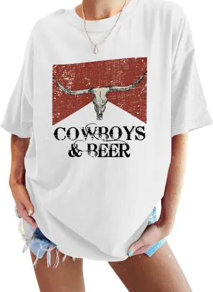 Cowboy Beer Shirts for Women Oversized Western Rodeo Shirt Cowgirl Vintage Cow Skull Graphic Tees Country Music Tops