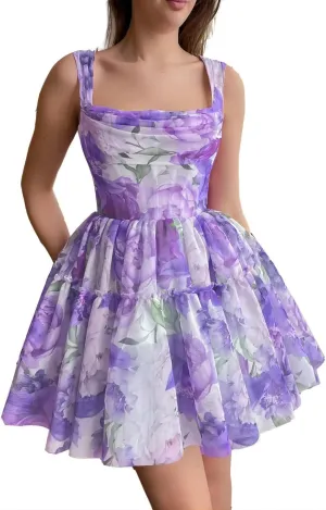Cute Tulle Floral Print Prom Dress Long Senior Evening Gown for Girls WD109