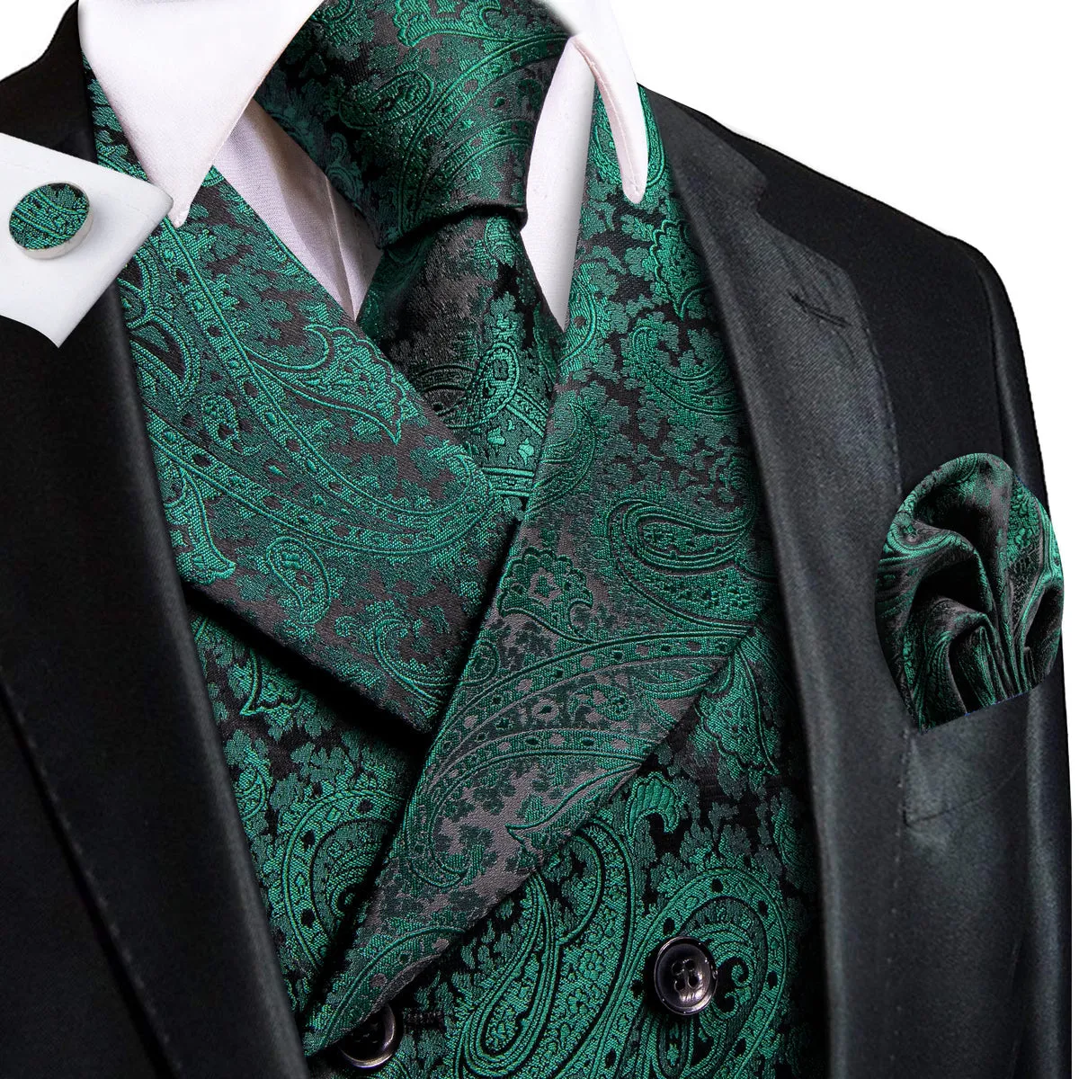 Dark Green Paisley Jacquard Vest Set