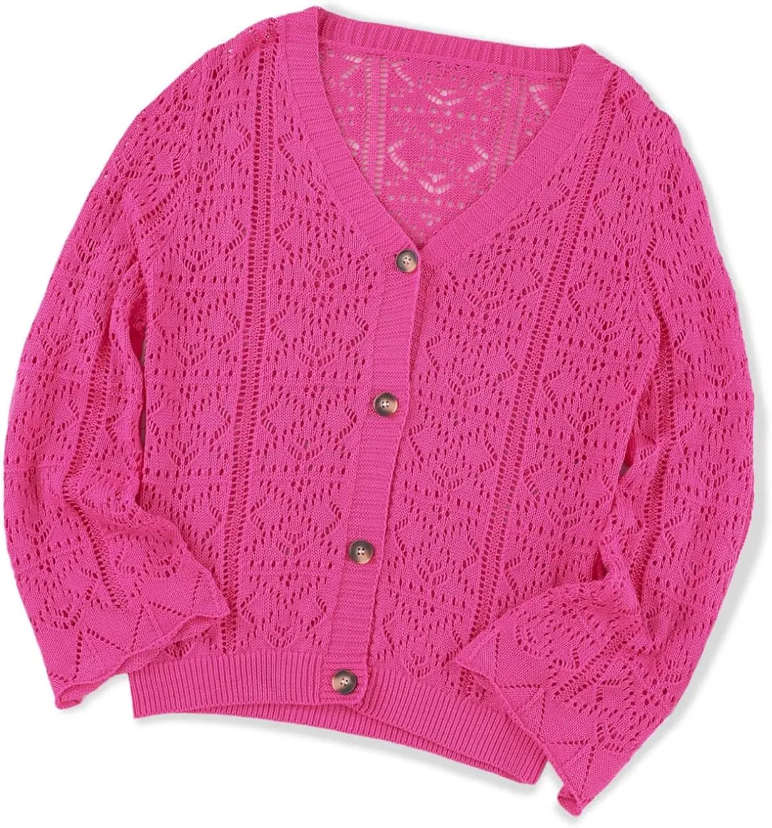 Dokotoo Cardigan Sweaters for Women Long Sleeve Shirts Lightweight Cardigan Button Down Crochet Tops Spring Outfits 2025