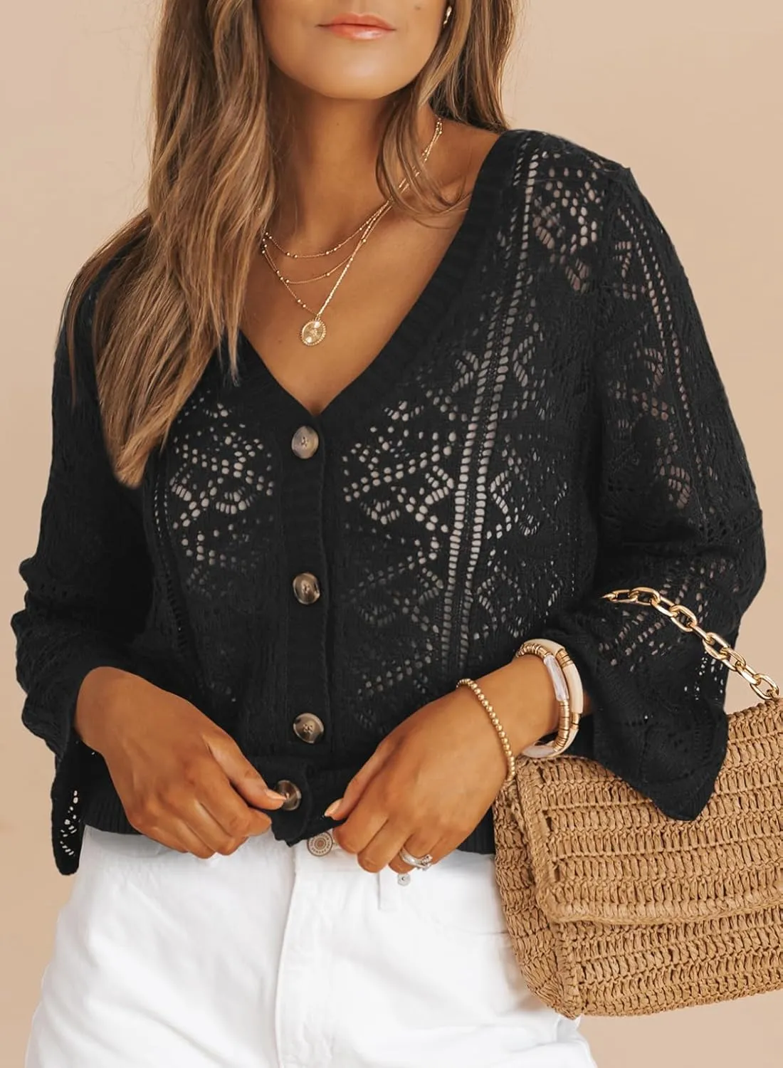 Dokotoo Cardigan Sweaters for Women Long Sleeve Shirts Lightweight Cardigan Button Down Crochet Tops Spring Outfits 2025