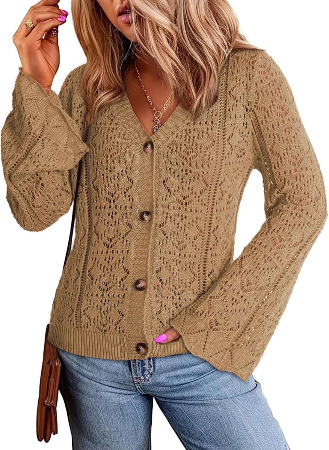Dokotoo Cardigan Sweaters for Women Long Sleeve Shirts Lightweight Cardigan Button Down Crochet Tops Spring Outfits 2025