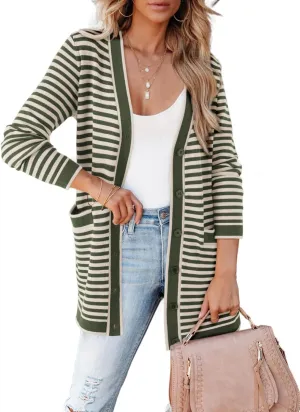 Dokotoo Cardigan Sweaters for Women Striped Fall Outfit Open Front Button Down Womens Cardigan with Pockets