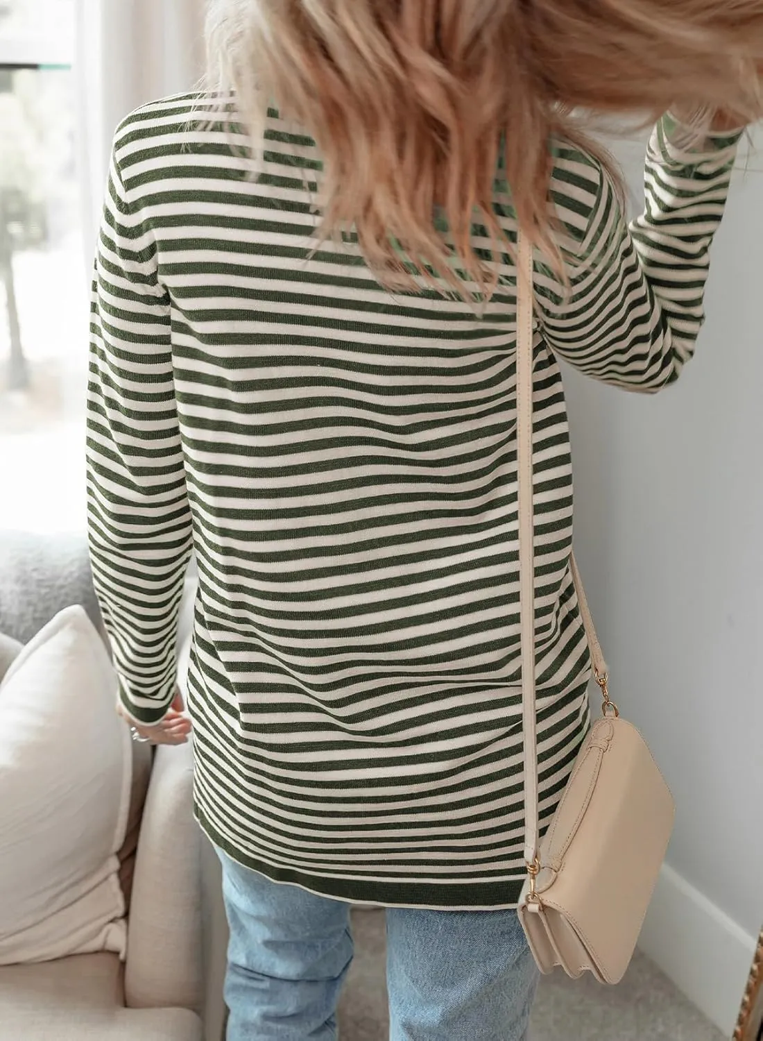 Dokotoo Cardigan Sweaters for Women Striped Fall Outfit Open Front Button Down Womens Cardigan with Pockets