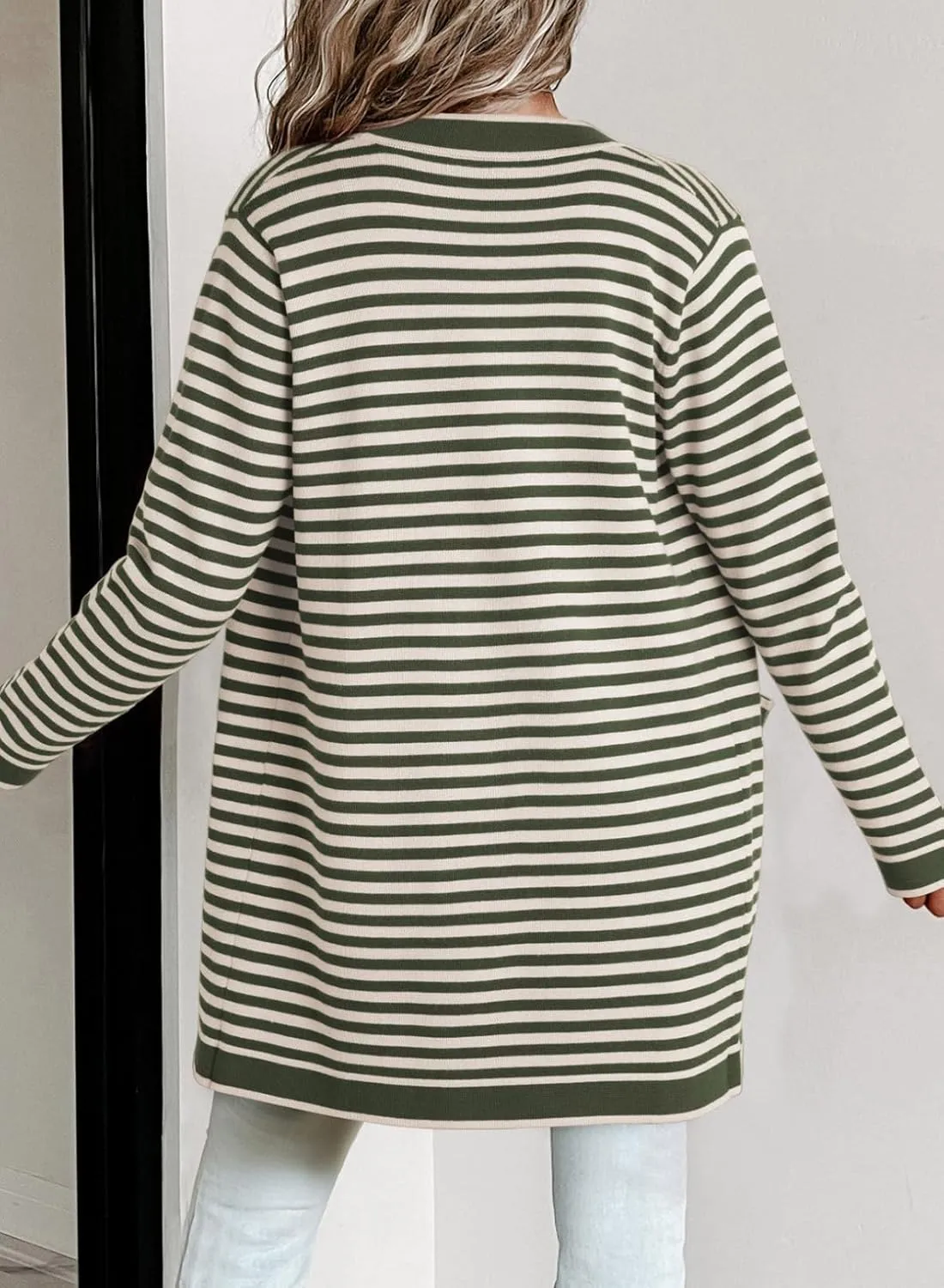 Dokotoo Cardigan Sweaters for Women Striped Fall Outfit Open Front Button Down Womens Cardigan with Pockets