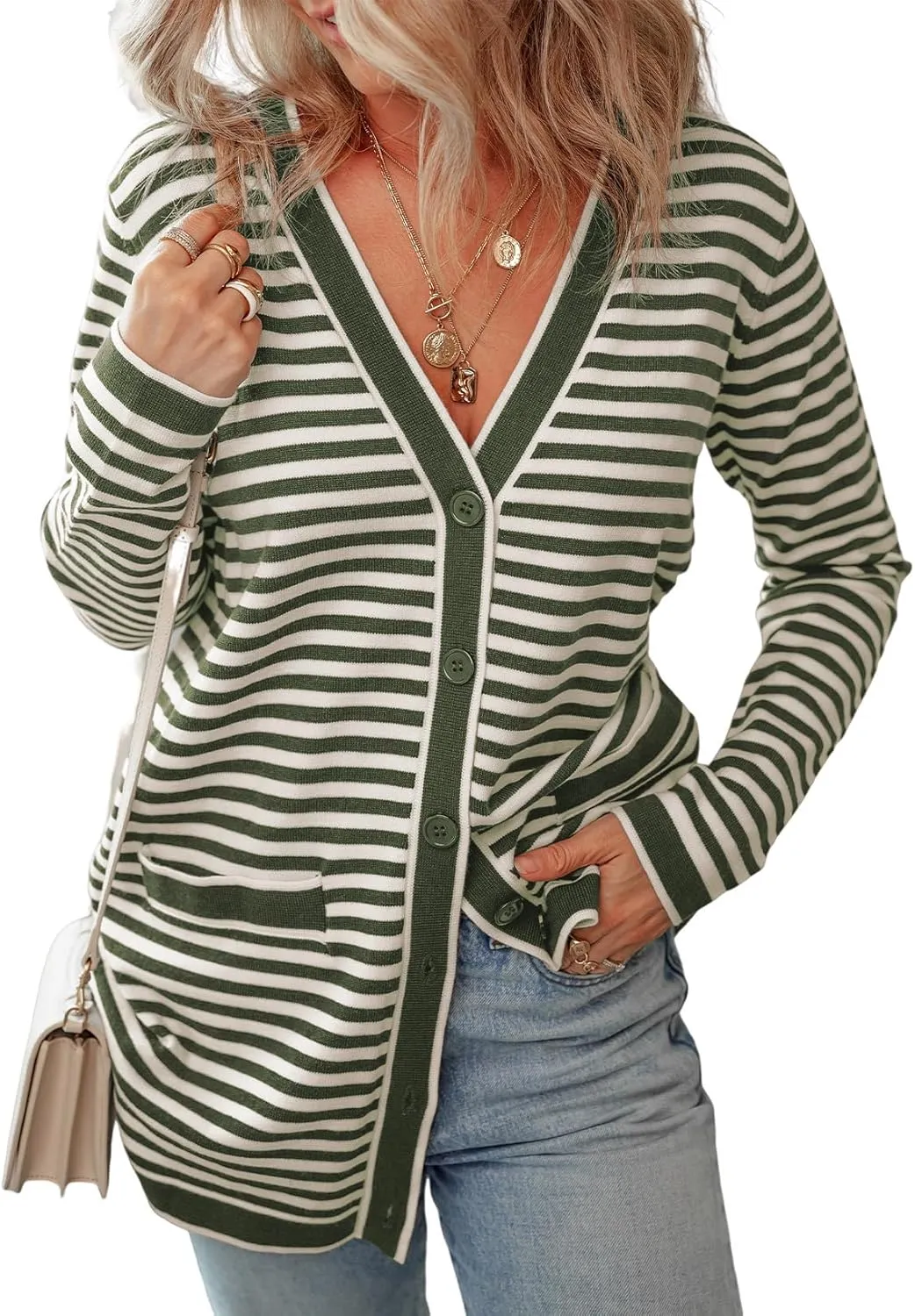 Dokotoo Cardigan Sweaters for Women Striped Fall Outfit Open Front Button Down Womens Cardigan with Pockets