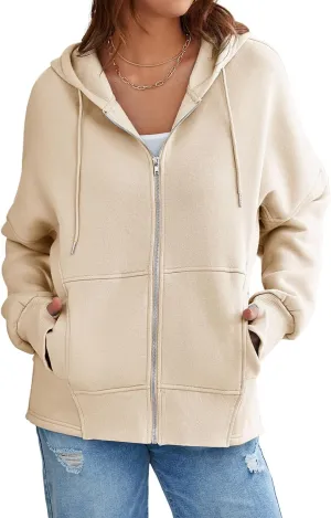 Dokotoo Womens Casual Drawstring Zip Up Thick Hoodies Long Sleeve Fleece Sweatshirts Solid Jacket Coat with Pockets