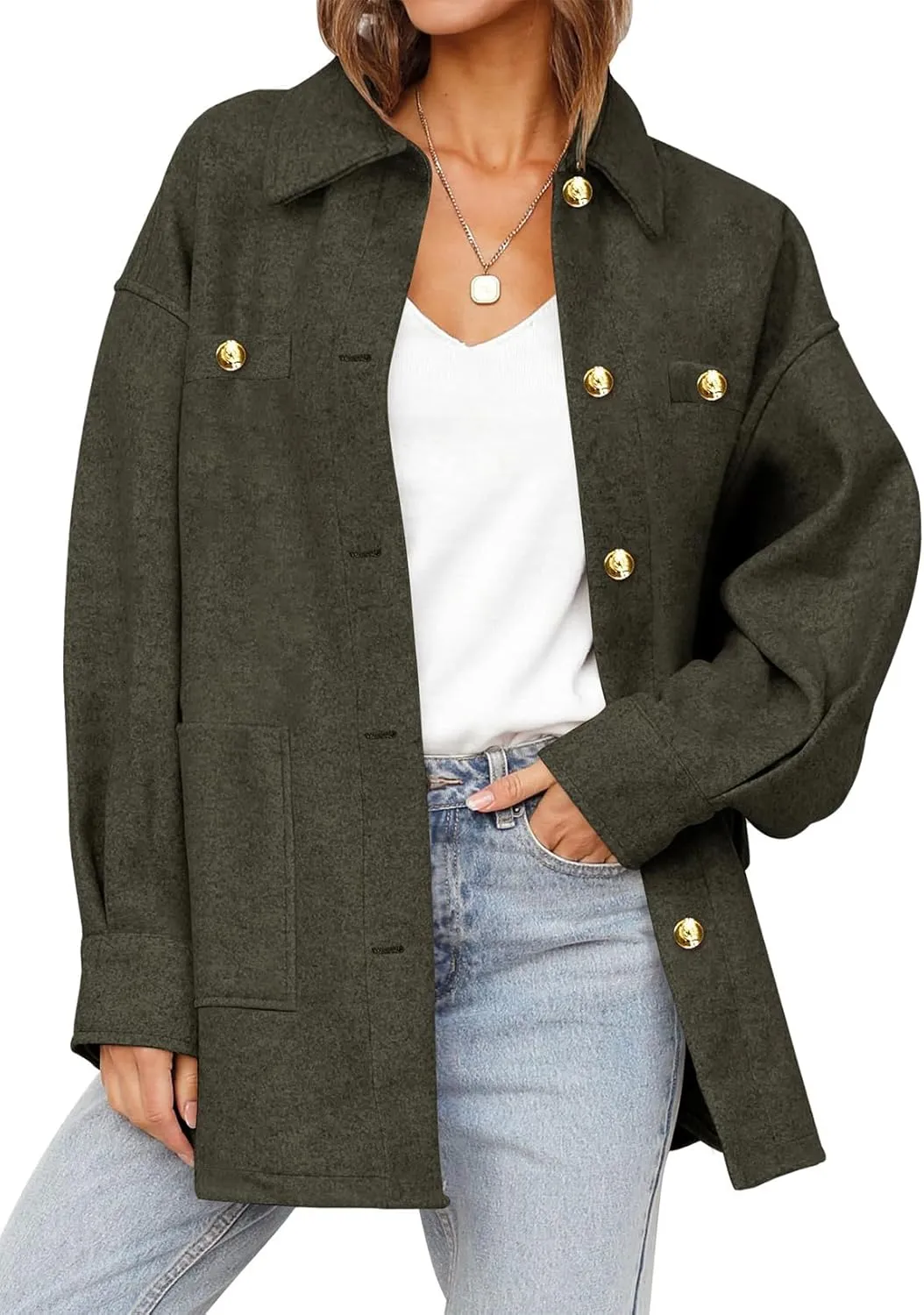Dokotoo Women's Fall Oversized Long Sleeve Shacket Jackets 2024 Button Down Coats with Pockets