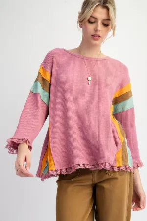 Easel Color Block Rib Knit Top With Lace Bottom Hem In Lipstick Pink Plus