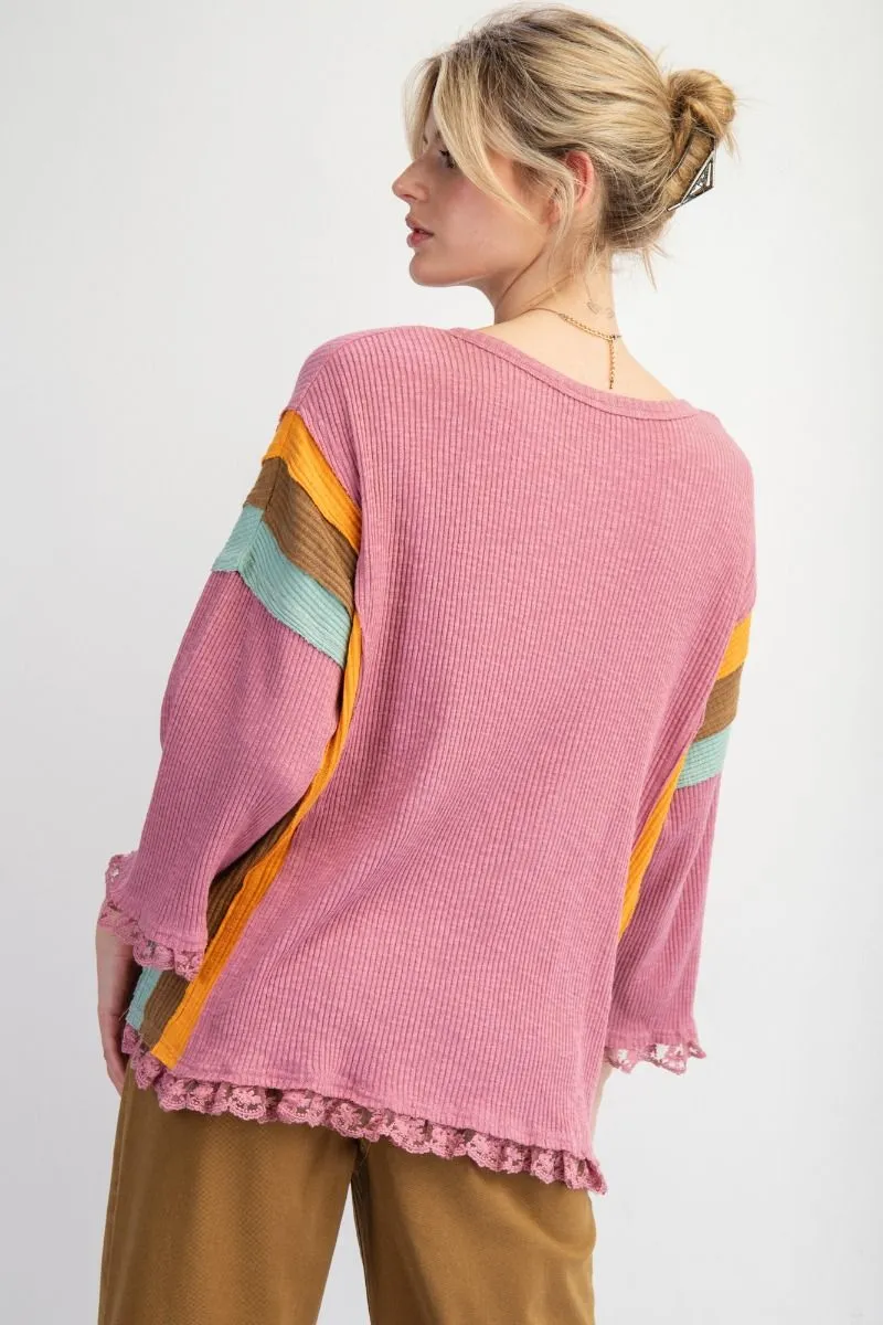 Easel Color Block Rib Knit Top With Lace Bottom Hem In Lipstick Pink Plus
