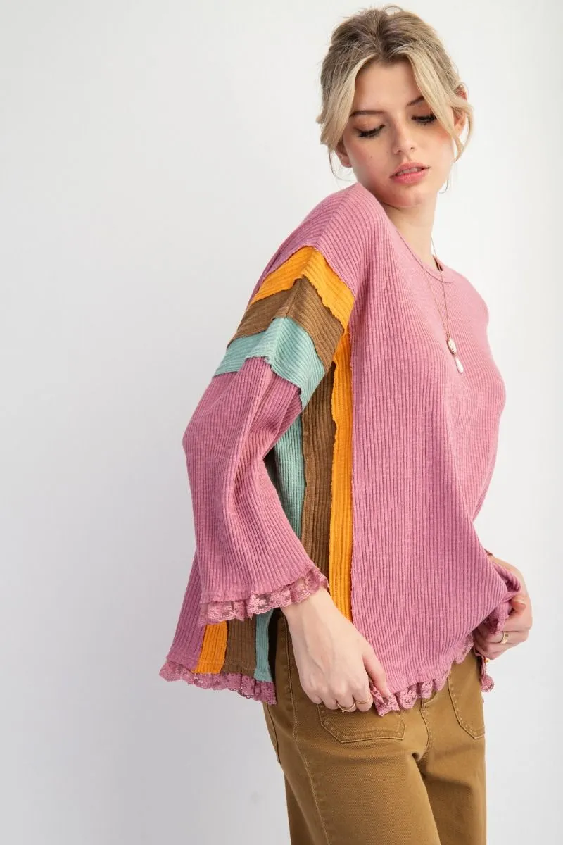 Easel Color Block Rib Knit Top With Lace Bottom Hem In Lipstick Pink Plus