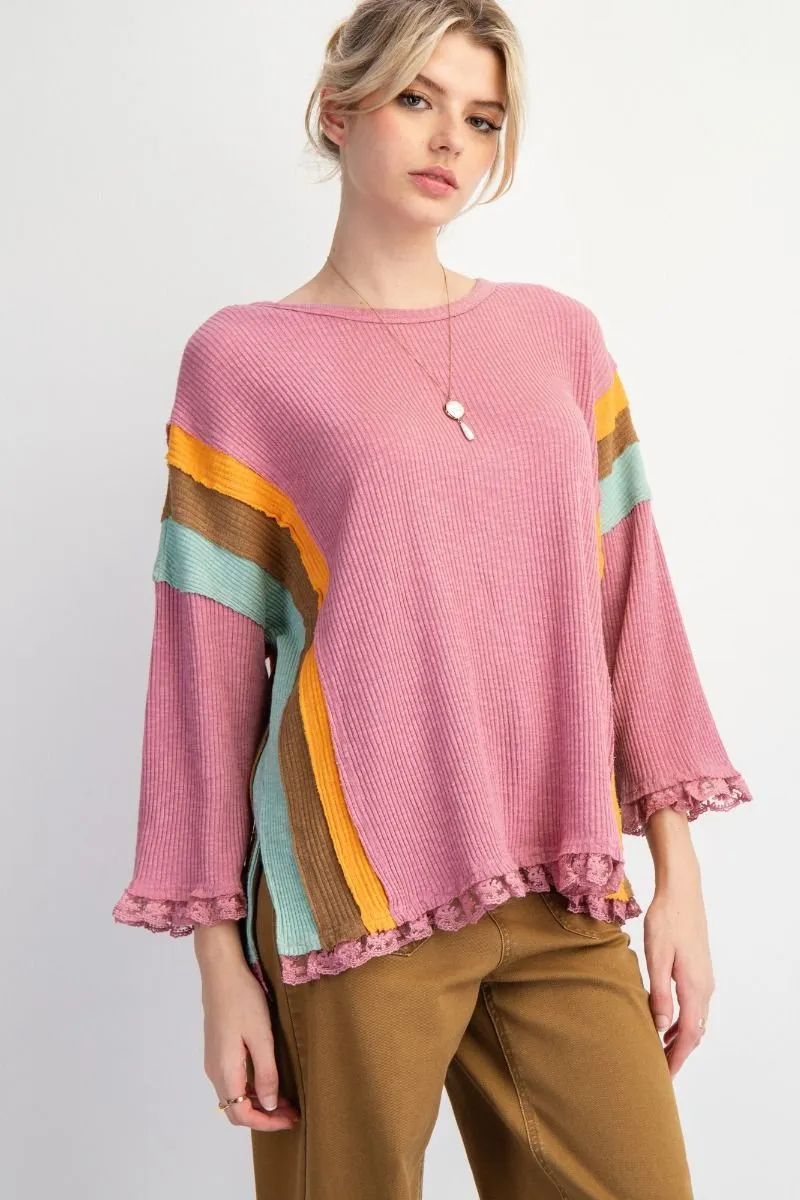 Easel Color Block Rib Knit Top With Lace Bottom Hem In Lipstick Pink Plus