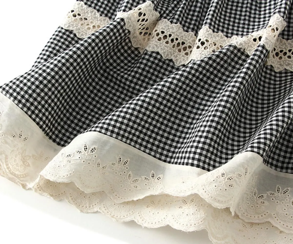 ebossy Women's Embroidered Eyelet Plaid Skirt Elastic Waist Ruffled Flowy Tiered Midi Long Gingham Skirt