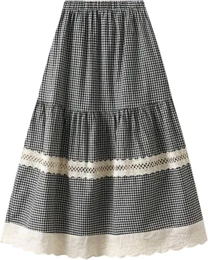 ebossy Women's Embroidered Eyelet Plaid Skirt Elastic Waist Ruffled Flowy Tiered Midi Long Gingham Skirt