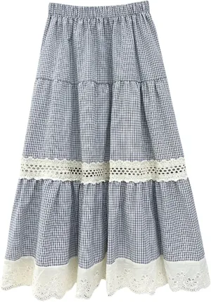 ebossy Women's Embroidered Eyelet Plaid Skirt Elastic Waist Ruffled Flowy Tiered Midi Long Gingham Skirt