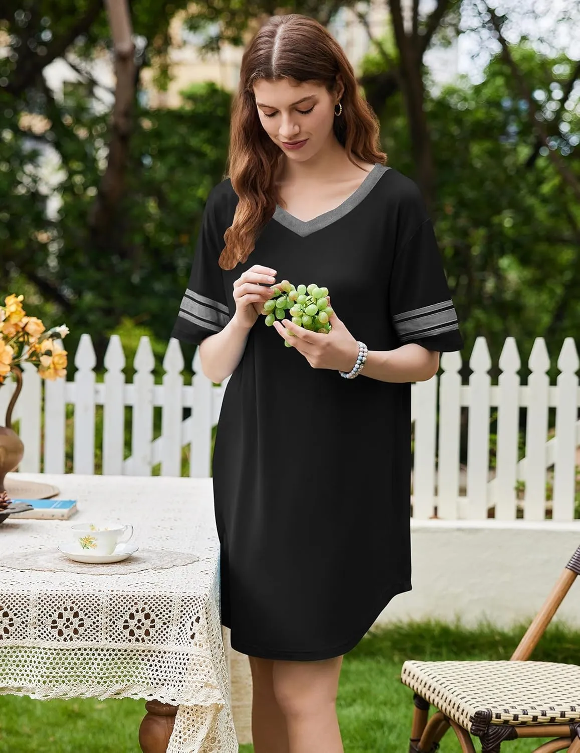 Ekouaer Nightgowns for Women 2 Pack Sleepshirts Short Sleeve Nightshirt V Neck Sleepwear Casual Pajama Dress
