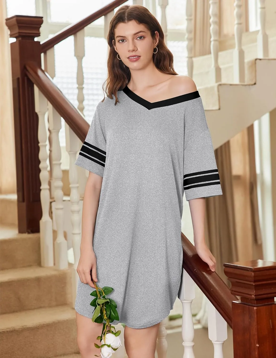 Ekouaer Nightgowns for Women 2 Pack Sleepshirts Short Sleeve Nightshirt V Neck Sleepwear Casual Pajama Dress