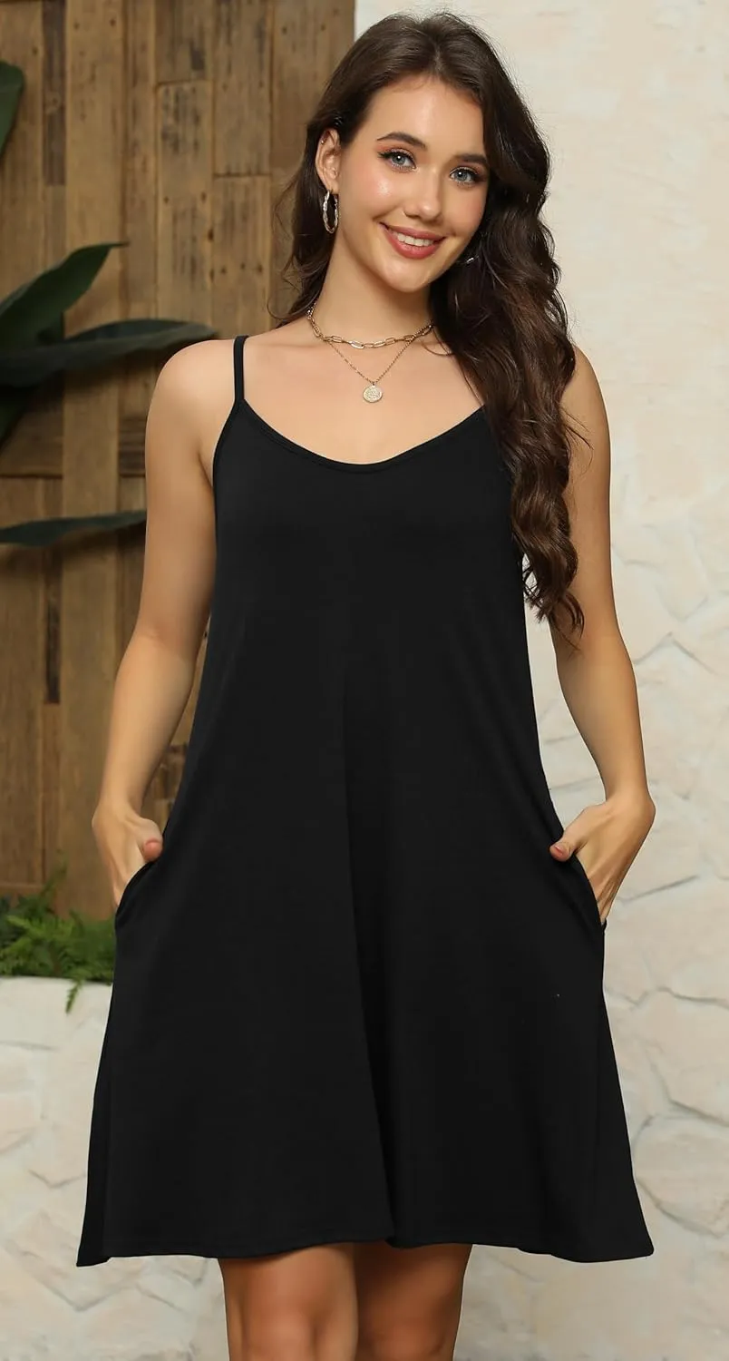 elescat Womens Summer Dresses Spaghetti Strap V Neck Casual Sleeveless Sundress Beach Cover Ups with Pockets