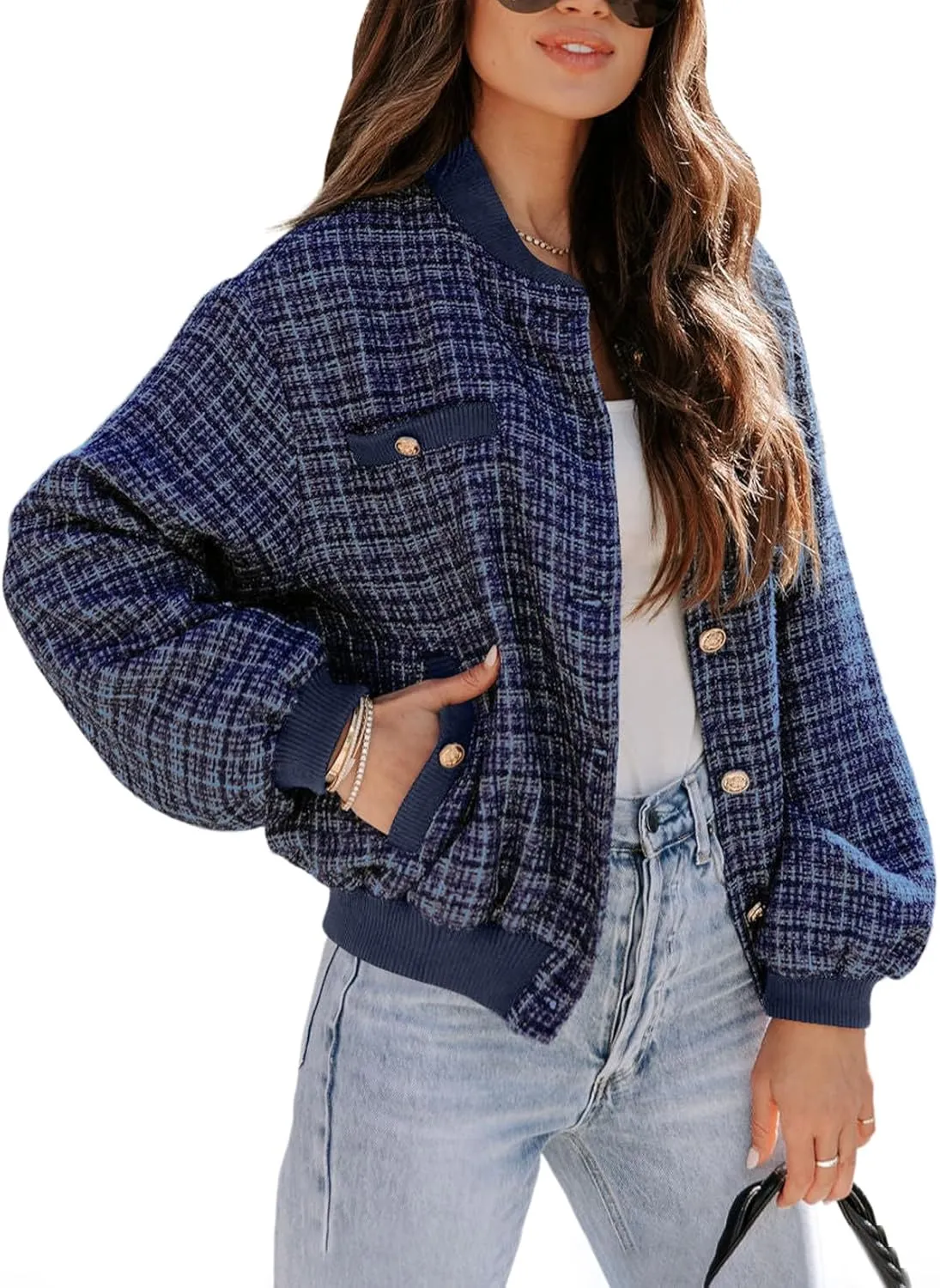 EVALESS Fashion Jacket for Women 2024 Fall Winter Trendy Button Short Shacket Long Sleeve Plaid Cropped Jackets