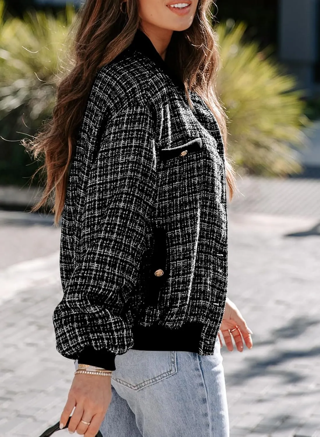 EVALESS Fashion Jacket for Women 2024 Fall Winter Trendy Button Short Shacket Long Sleeve Plaid Cropped Jackets
